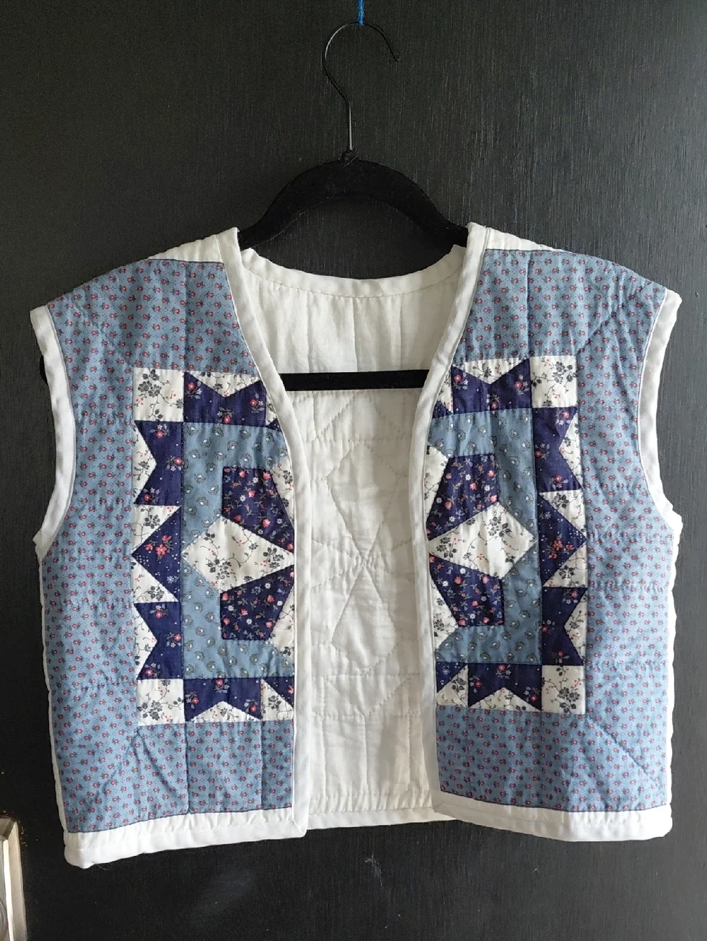 Handmade Cropped Patchwork Quilted Vest | Upcycled Blue White Cottagecore Jacket